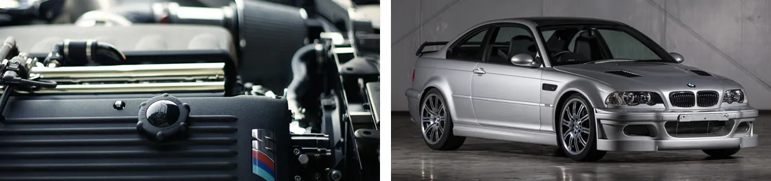 Close-up of a BMW M engine and a silver BMW E46 M3