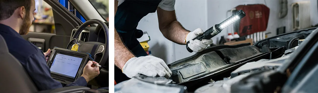 Technician with a diagnostic tablet inside a car and a mechanic inspecting an engine bay