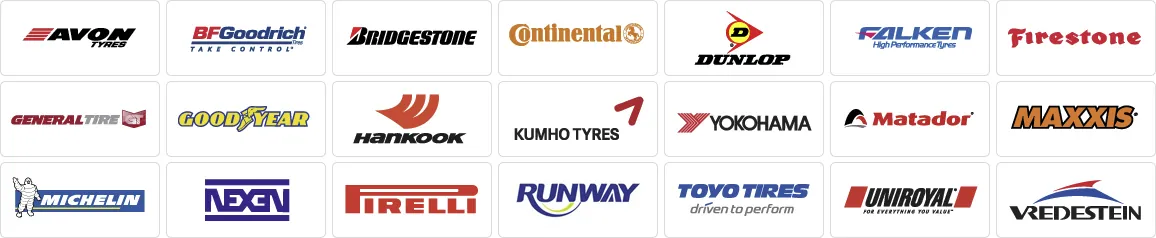 Logos of tyre brands including Michelin, Pirelli, Continental, Bridgestone, Goodyear and Dunlop
