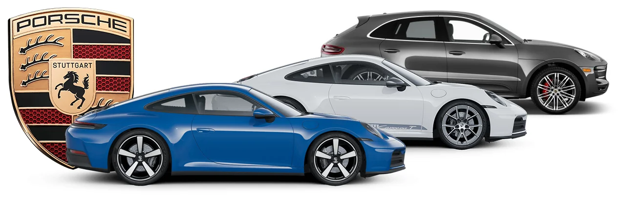 Porsche crest with a blue 911, a white 911 Carrera T and a grey Macan